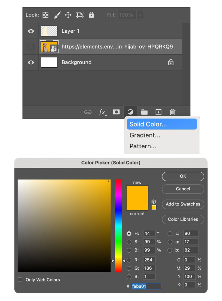 Tạo một lớp Solid Color mới và sử dụng #FEBA01 để tô nền