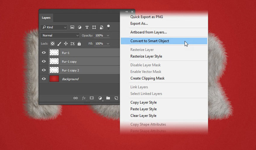 Adobe Photoshop cũ hơn: Chọn layer Fur-1, giữ phím Shift và nhấp vào layer Fur-1 copy 2