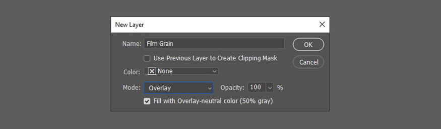 Đặt tên cho layer mới là “Film Grain”