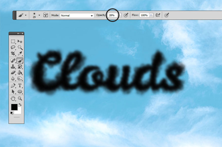 chọn brush Clouds để thêm hiệu ứng đám mây trong Photoshop xung quanh phần chữ