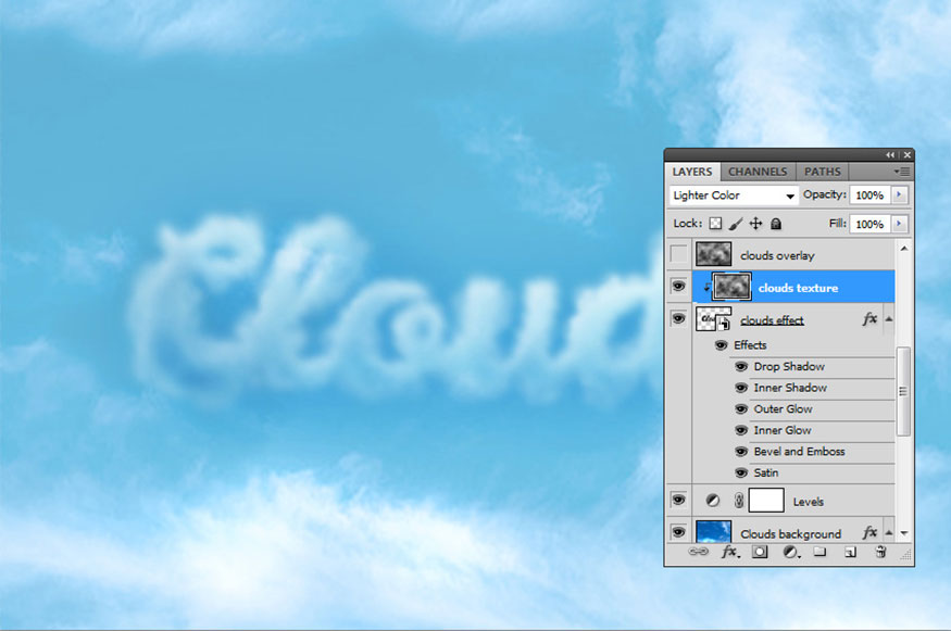 Nhấn chuột phải vào layer Clouds text và chọn Create Clipping Mask