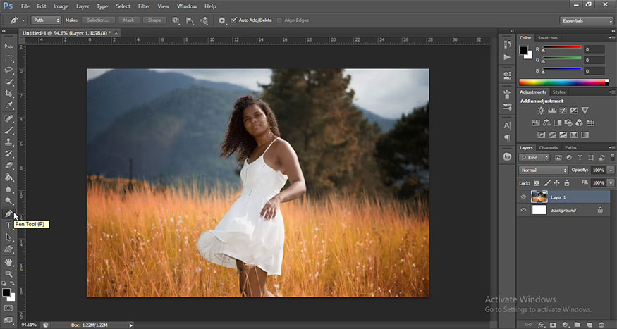 chọn Pen Tool và đảm bảo nó được đặt thành Path.