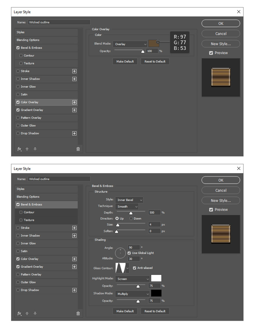 Cài đặt thông số cho Color Overlay và Bevel & Emboss