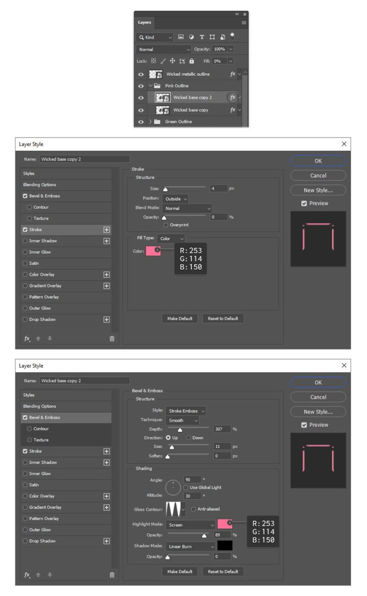 Mở cửa sổ Layer Style cho lớp Wicked base copy 2