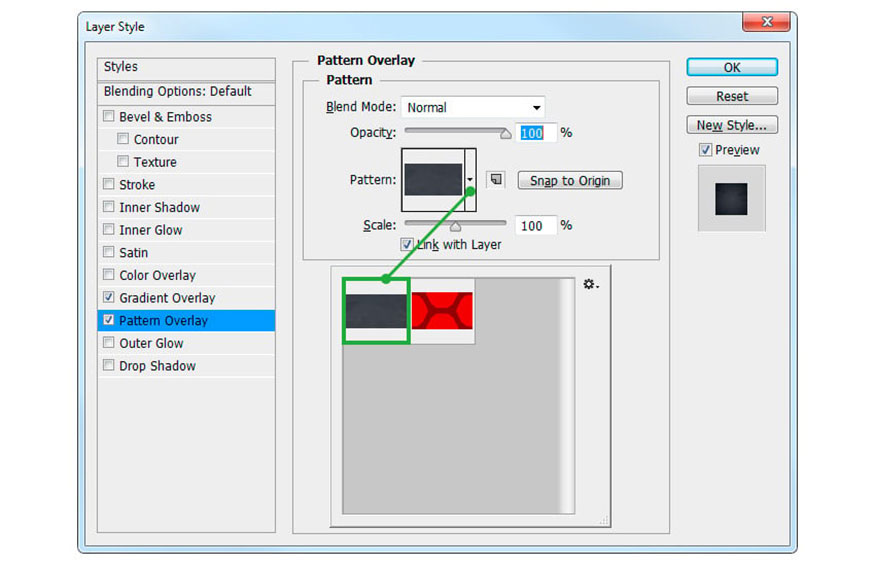 chọn Pattern Overlay và thiết lập các thông số sau: