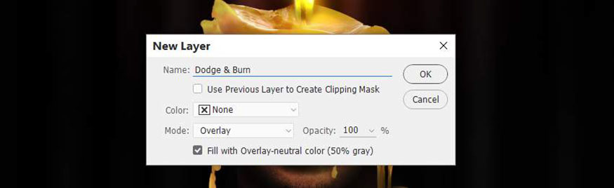 thay đổi mode layer thành Overlay với Opacity 100% và tô màu xám 50%.