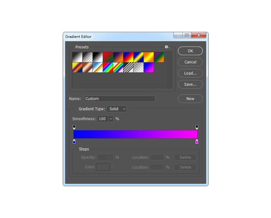 nhấp vào gradient để mở bảng Gradient Editor 