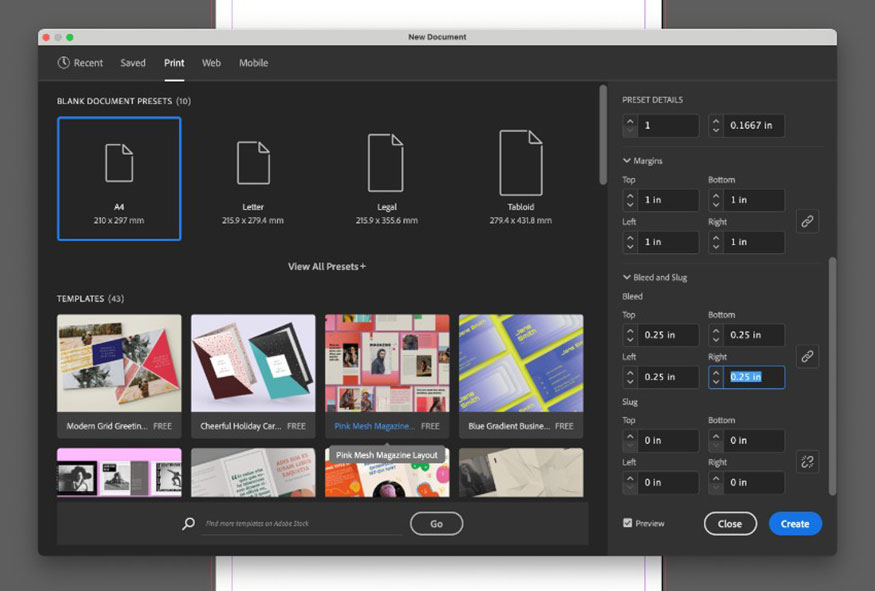 Đặt Margins là 1 in và thêm Bleed là 0,25 in trước khi nhấp vào Create.