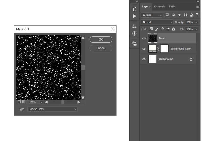 Filter => Pixelate => Mezzotint và đặt Type thành Coarse Dots.