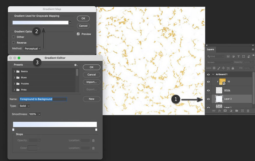 Image => Adjustments => Gradient Map