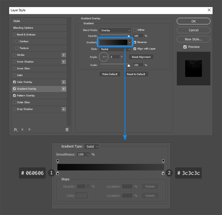 thêm Gradient Overlay với các thiết lập sau: