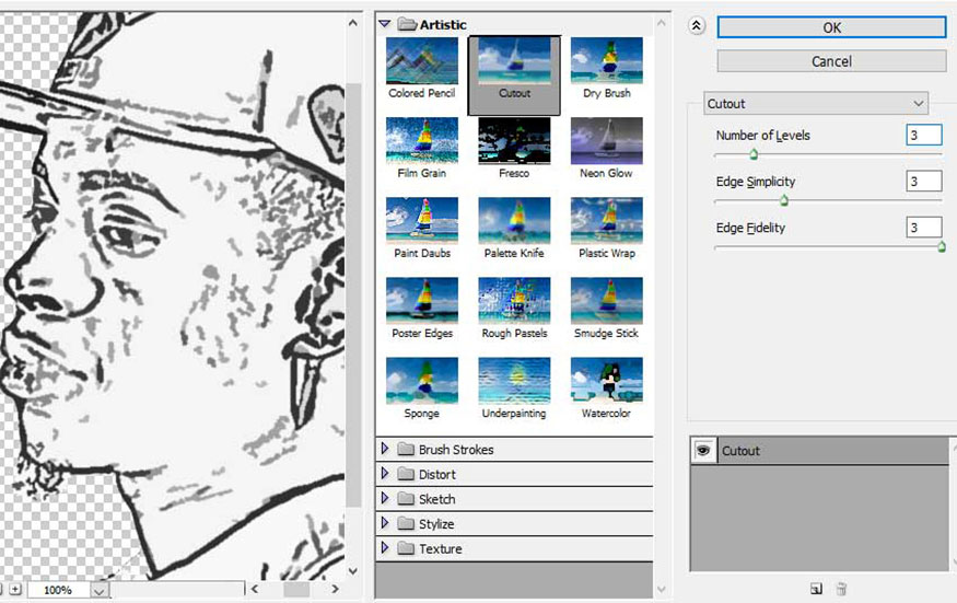 Filter => Artistic => Cutout và đặt Number of Levels thành 3