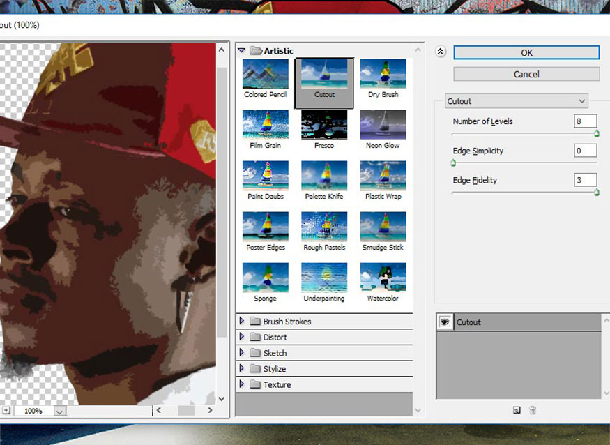 Filter => Artistic => Cutout và chọn Number of Levels là 8
