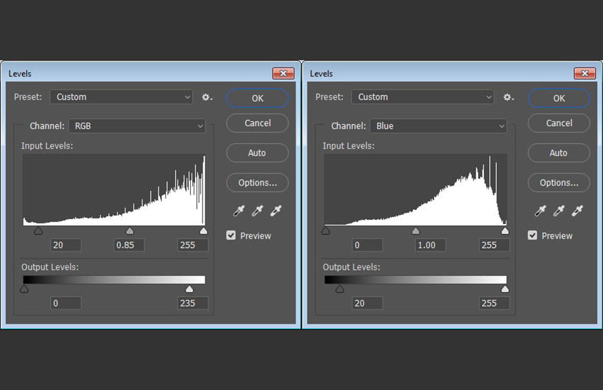 Image => Adjustments => Levels và sử dụng các thiết lập sau: