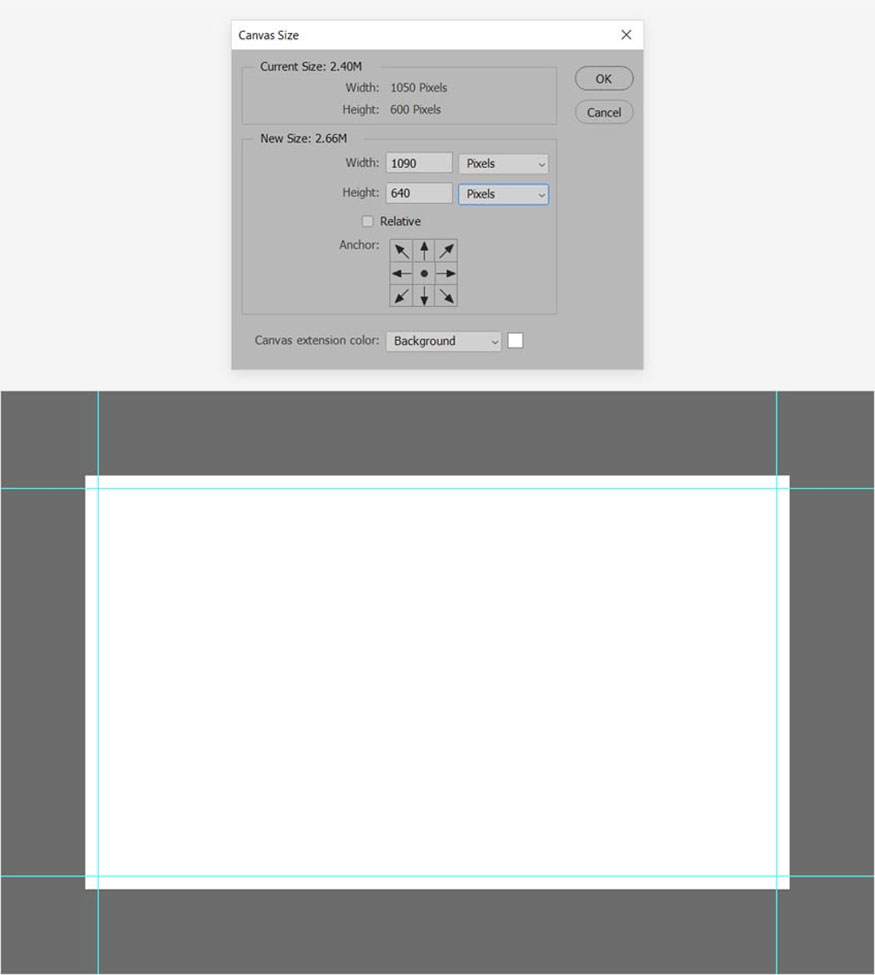 vào Image > Canvas Size và tăng giá trị Width và Height thêm 40 px