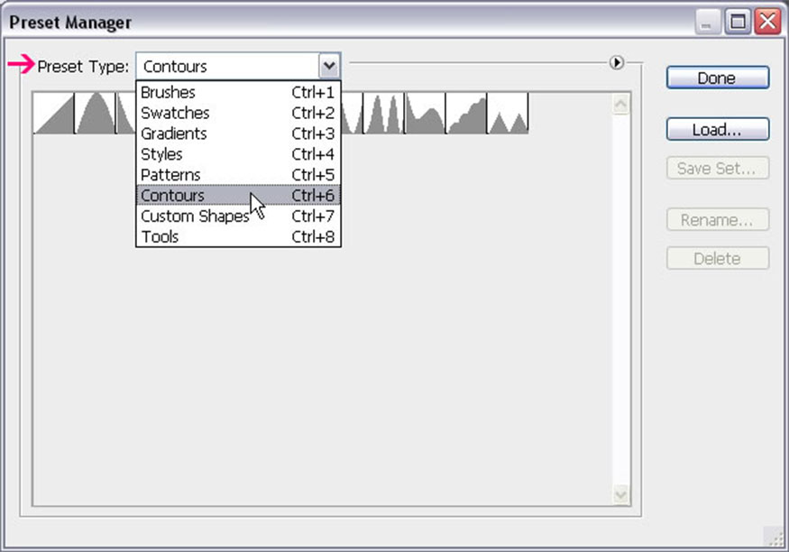 vào Edit > Preset Manager và chọn Contours từ menu thả xuống Preset Type.
