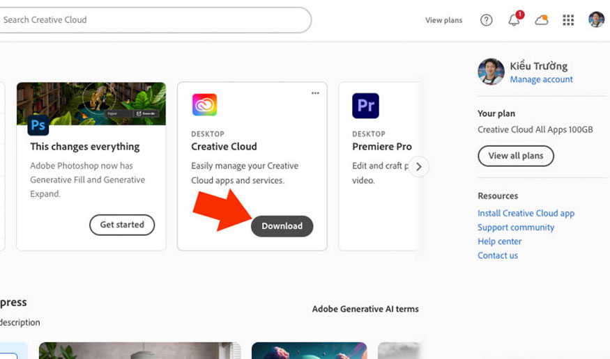 nhấn Quản lý tài khoản và chọn Creative Cloud