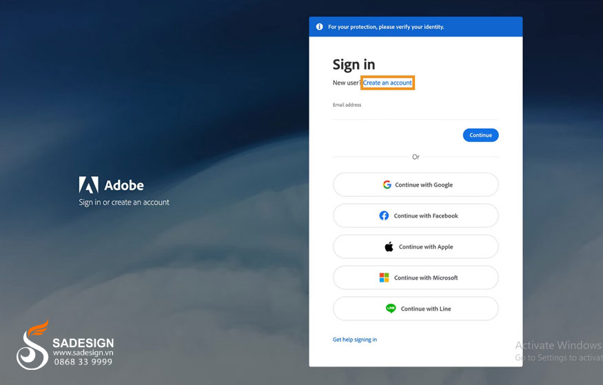 Nhập email để tiến hành đăng ký Adobe