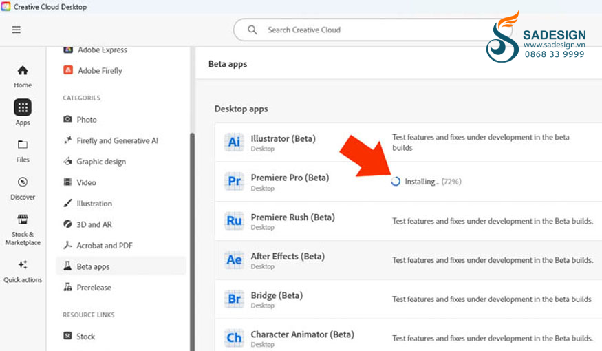 đợi Creative Cloud download Adobe Premiere Pro Beta mới nhất về máy