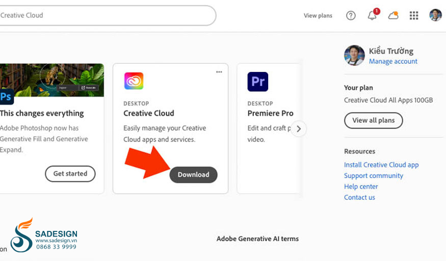 bạn hãy nhấn Download Adobe Creative Cloud Apps về máy tính.