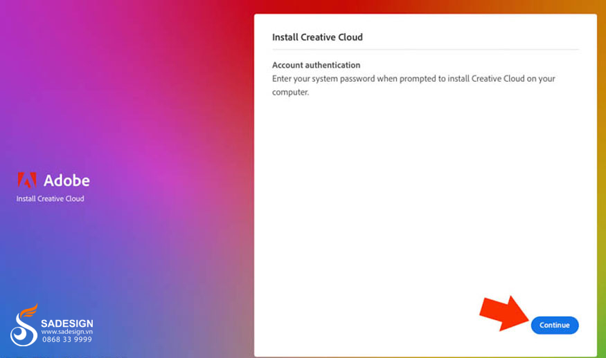 chọn Continue để tiếp tục cài đặt Adobe Creative Cloud.