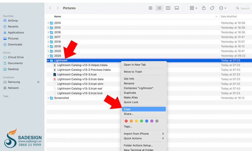 nhấp chuột phải trên thư mục Lightroom và nhấn chọn Copy