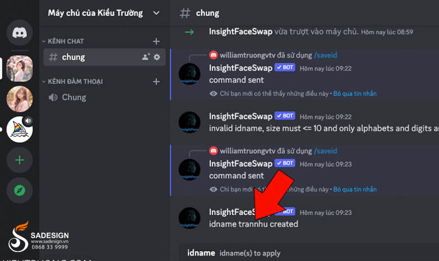 ảnh giờ đây đã được tải lên máy chủ Discord với idname là “trannhu”.