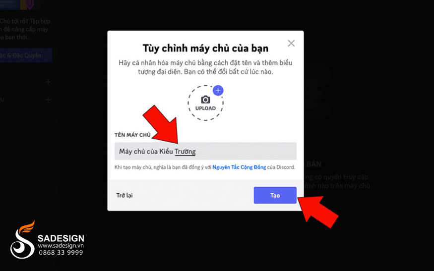 đặt tên máy chủ sau đó nhấp “Tạo” để tạo máy chủ Discord mới.