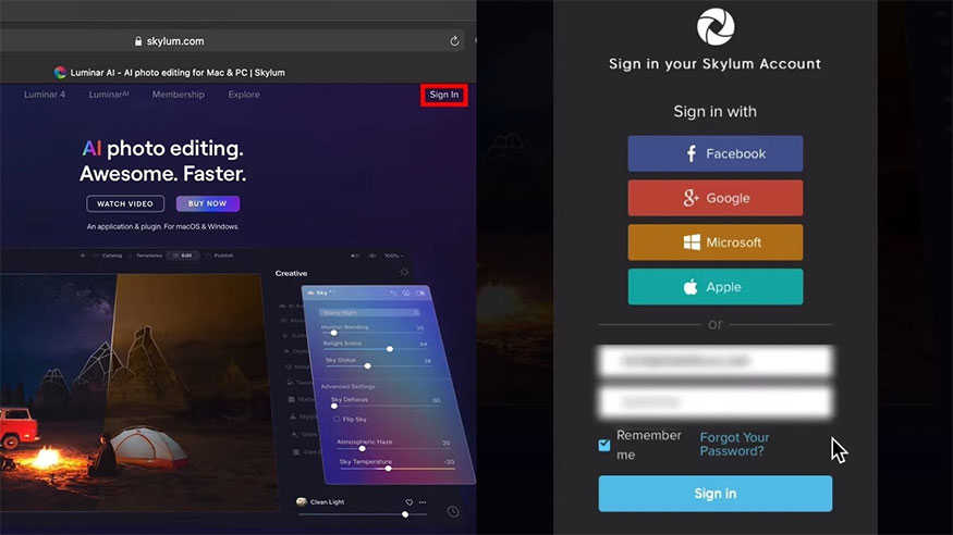 vào trang web của Skylum > chọn Sign in/Login > đăng nhập tài khoản Skylum