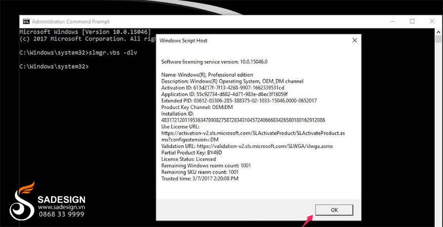nhập lệnh slmgr.vbs -dlv