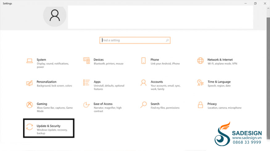  Setting > nhấn chọn Update and Security