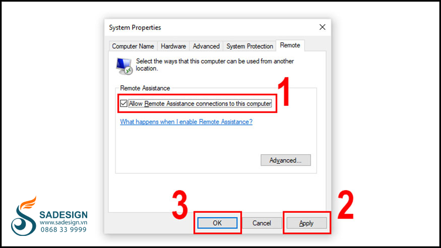 Chọn mục Allow remote connections to this computer => Chọn Apply => Nhấn chọn OK.