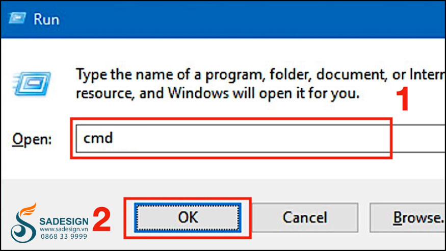 hộp thoại Run => Tìm kiếm cmd.