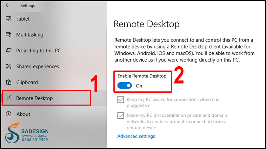 Chọn Remote Desktop => Bật Enable Remote Desktop