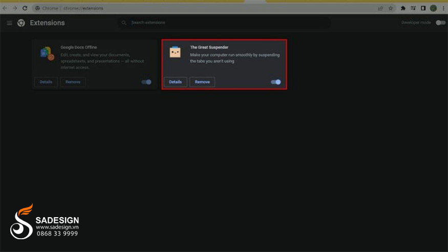 nhấn chọn vào tab Extensions bạn sẽ thấy mục The Great Suspender.