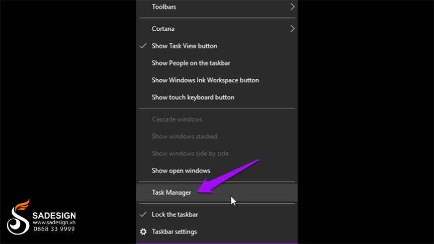 nhấp chuột phải vào thanh taskbar > Chọn mục Task Manager.