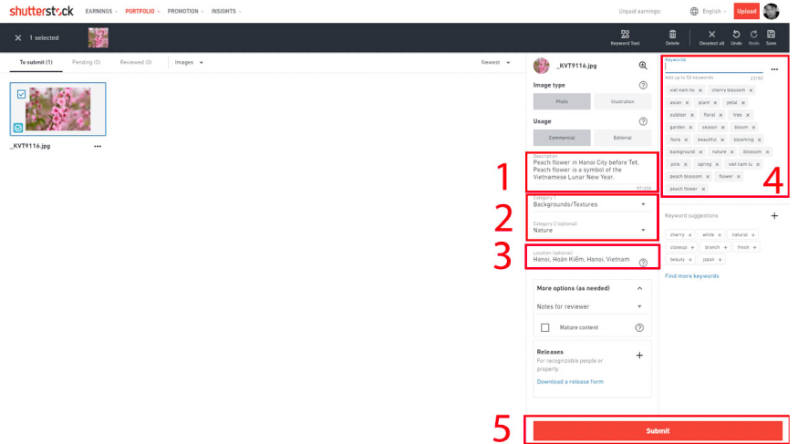 nhấn vào nút “Submit” để hoàn tất quá trình đăng bán ảnh