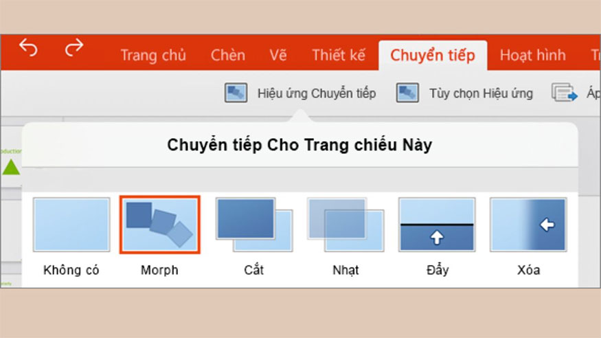 Mở lại PowerPoint > nhấp vào thanh công cụ bạn sẽ thấy hiệu ứng Morph transition.