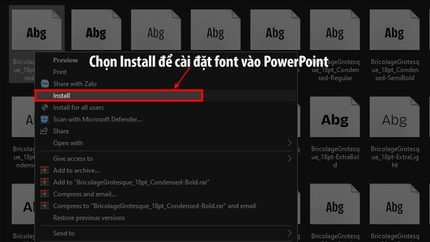 click chuột phải vào font chữ mà bạn muốn cài đặt rồi lựa chọn Install